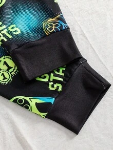 青少年男孩睡衣套装，夜光视频游戏图案黑色圆领上衣和全身印花长袖紧身裤，舒适家居服 1 套 - 黑色 - 查看 3