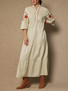 Freevana Robe bohème élégante et à manches 3/4 brodée pour femmes grandes tailles