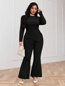 Modelyn Plus Size Women's Spring/Autumn Casual/Work Solid Color Long Sleeve Drawstring Ruched Asymmetrical Hem Fitted T-Shirt And Flare Leg Pants 2-Piece Set - Black - View 5