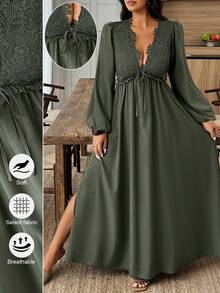 SHEIN LUNE Vestido largo con abertura lateral de unicolor y parches de encaje para mujer - Verde militar - Ver 3