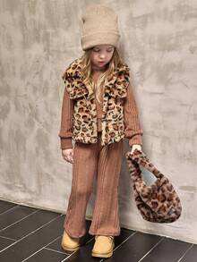 冬季少女可爱复古豹纹仿口袋毛绒外套搭配柔软罗纹喇叭裤套装 - 巧克力棕 - 查看 4
