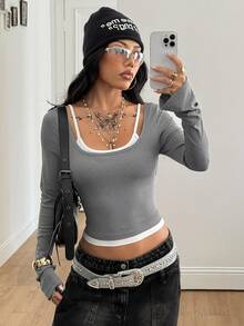 Coolane Women's Fall Winter Y2K Concert Rave Going Out Grey Slim Fit Fake Long Sleeve Top - Grey - View 6