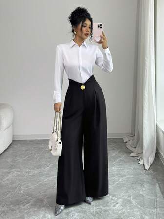 SHEIN Raffinéa High-Waisted Wide Leg Pants, Loose And Slimming