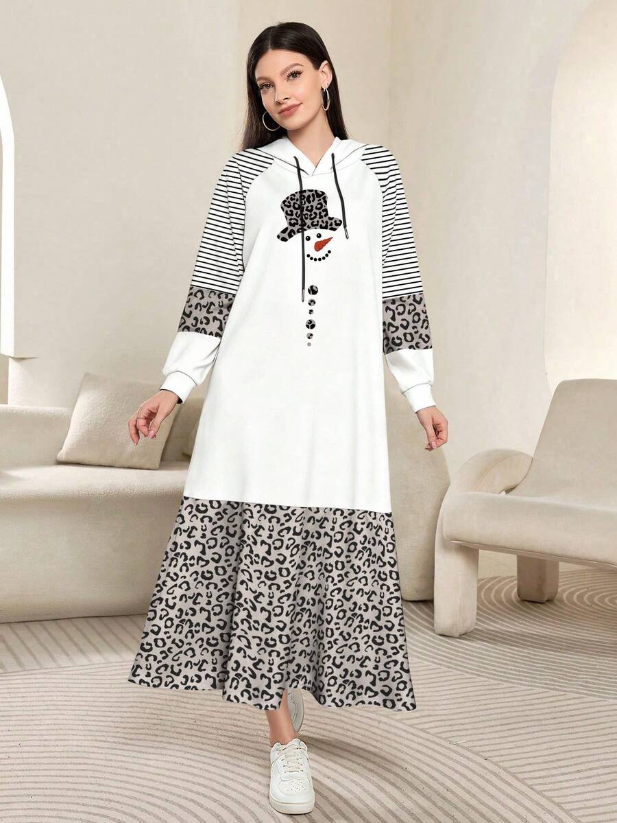 Modelyn Christmas Snowman Graphic & Leopard Print Sweatshirt Raglan Sleeve Maxi Dress For Women, Spring/Autumn - Multicolor - View 1