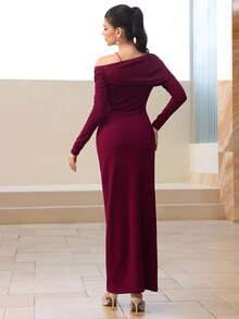 Modelyn Elegante vestido de punto burdeos con volantes y hombros descubiertos, para otoño/invierno