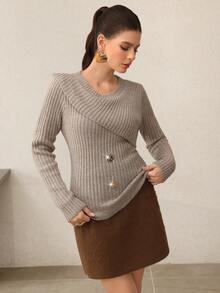 Modelyn 女式纯色圆领长袖罗纹针织毛衣 - 卡其色 - 查看 3