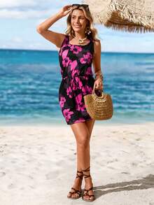 Sylviya 女式休闲黑色底印花迷你连衣裙，适合春夏季 - 彩色 - 查看 4