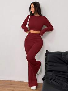 SHEIN EZwear 2 件套女式休闲纯色针织圆领长袖短款修身 T 恤和高腰喇叭裤 - 酒紅色 - 查看 3