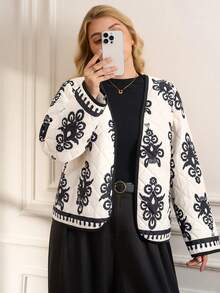 Rosumi Plus Size Retro Printed Jacket, Black Jacket, Winter Coats For Going Out, Casual, Autumn/Winter,2025 New - Black and White - View 5