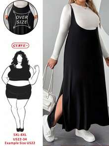 SHEIN CURVE+ 大码女式复古休闲毛衣裙，基本款黑色吊带开衩连衣裙，适合外出和运动 - 黑色 - 查看 1