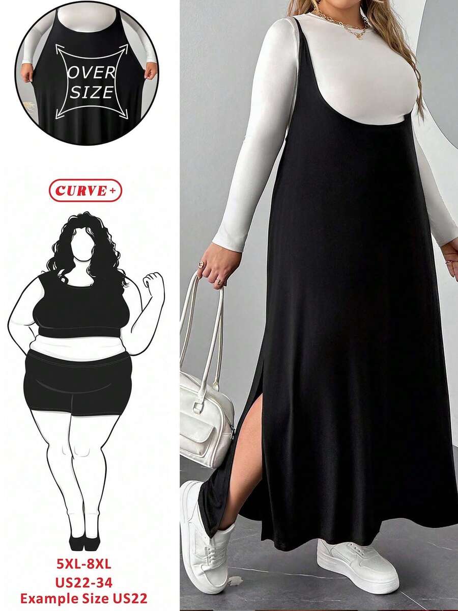 SHEIN CURVE+ 大码女式复古休闲毛衣裙，基本款黑色吊带开衩连衣裙，适合外出和运动 - 黑色 - 查看 1