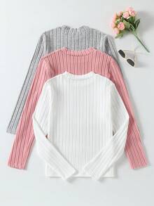 Sparklyn 3 件套青少年女孩休闲纯色圆领长袖拉绒罗纹针织 T 恤，秋季