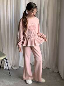 DAZY 女童刺绣圆领针织运动衫套装，青少年女孩秋季服装 - 粉色 - 查看 3