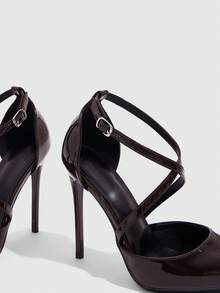 CUCCOO SZL 女士时尚深咖啡色交叉尖头细高跟鞋，镂空正装鞋，适合通勤、约会、派对、婚礼 - 咖啡棕 - 查看 6