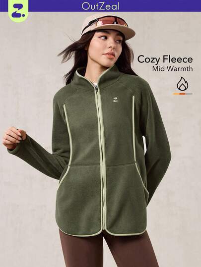 OutZeal Damska kurtka polarowa termiczna z boczną kieszenią i otworem na kciuk, zapinana na zamek, idealna na zimę, jesień, wędrówki, kemping