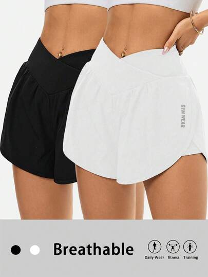 Easithlete 2pcs/Set Casual Versatile Asymmetrical Waistband Design Slim Fit Letter Print Sports Shorts Gym Shorts Pack Women Loose Workout Shorts