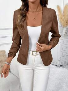 SHEIN Clasi 女士优雅荷叶边长袖百搭黑色夹克 - 棕色 - 查看 6