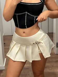 SHEIN ICON Women's Solid Color Adjustable Buckle Design Sexy Mini Side Slit Pleated Skirt Party - Beige - View 5