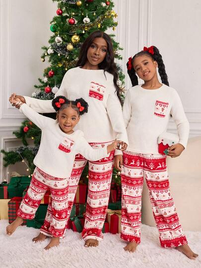 SLAYR KIDS Tween Girl Christmas Minimalist Crew Neck Pocket Decor Long Sleeve Pajama Top & Soft Flannel Pajama Pants With Bear, Heart, Christmas Tree Prints, 2pcs Set, Autumn/Winter