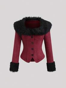 TRNVIE 1pc Women's Thin Jacket, Red, Autumn, Faux Fur Collar, Patchwork, Casual/Daily Commute - Burgundy - View 1