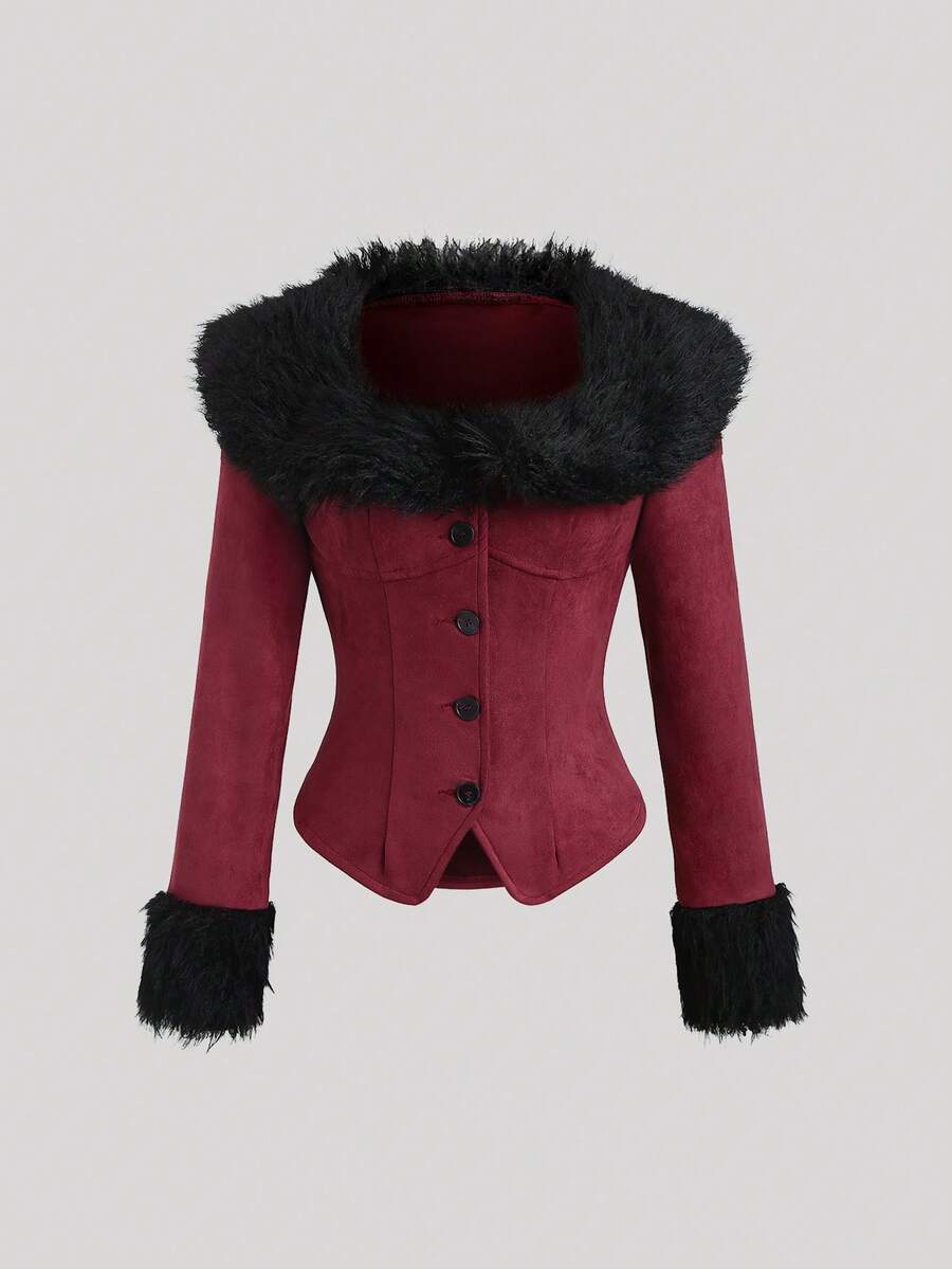 TRNVIE 1pc Women's Thin Jacket, Red, Autumn, Faux Fur Collar, Patchwork, Casual/Daily Commute - Burgundy - View 1