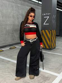 Jeanoix 大码休闲水洗低腰阔腿工装牛仔裤 - 藍色 - 查看 9