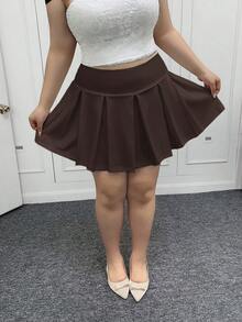 SHEIN EZwear Chocolate Brown Casual Versatile Plus Size Sports Mini Pleated Skirt,Autumn Back-To-School Graduation Chic Elegant Solid Color For Party,Wedding,Date - Chocolate Brown - View 8