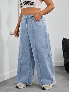 SHEIN Tall CURVE 大码女式宽松口袋阔腿休闲牛仔裤 - 藍色 - 查看 4