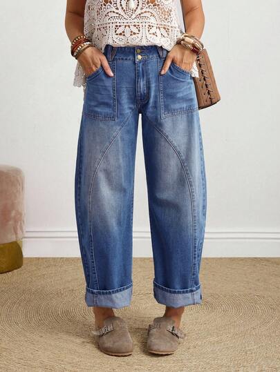 EMERY ROSE 大码女式休闲时尚街头侧口袋宽松香蕉牛仔裤