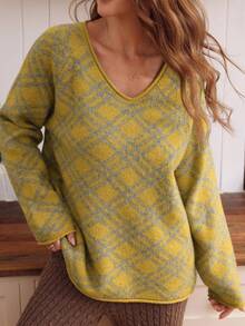 Louniche Women's Casual College Style Loose Fit V-Neck Raglan Sleeve Plaid Pattern Sweater, Autumn/Winter