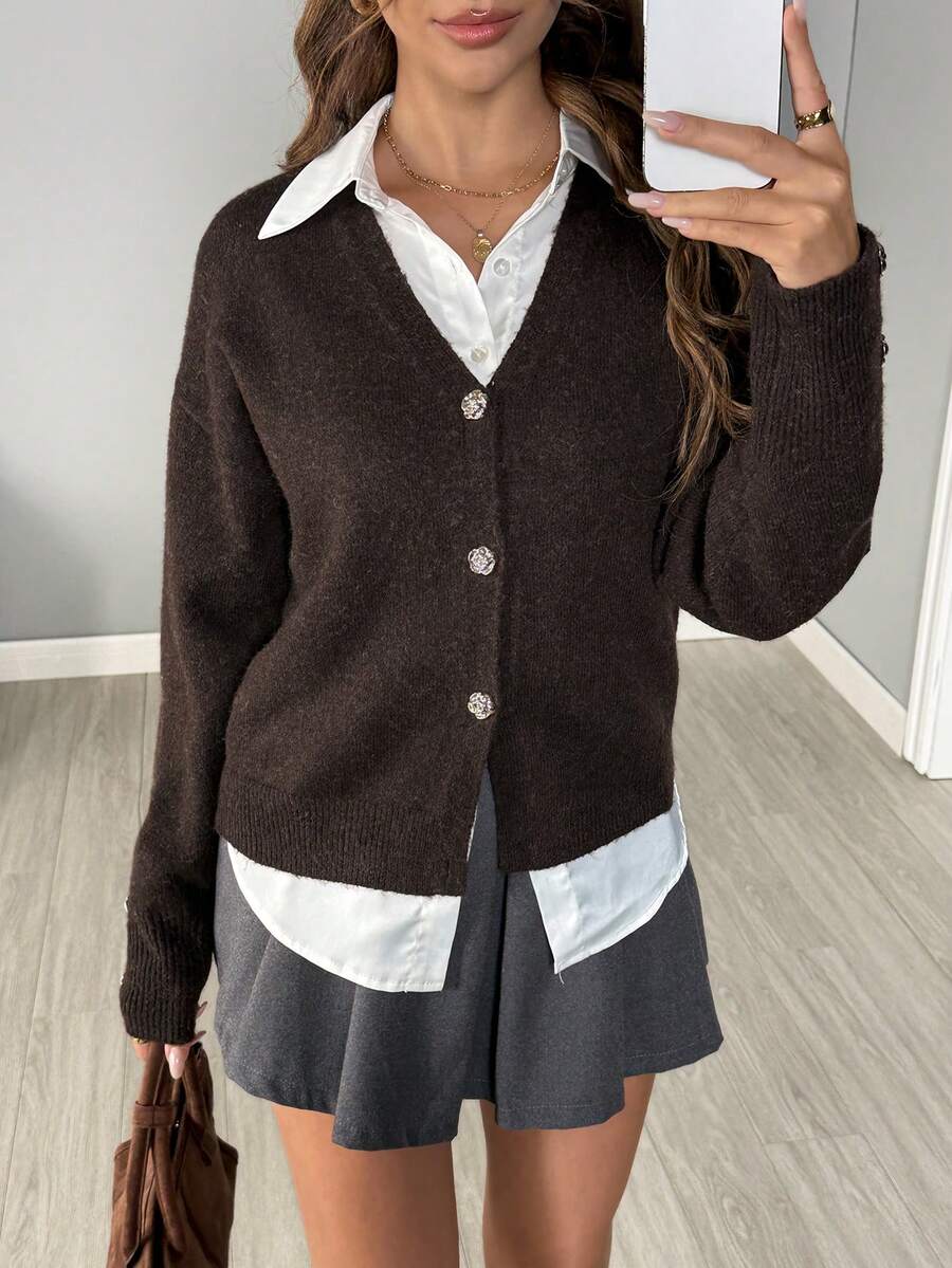 SHEIN LUNE Novo suéter cardigan estilo coreano de outono/inverno com decote em V e cor sólida, elegante e versátil para mulheres