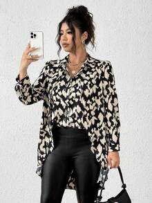 SHEIN Tall CURVE 大码优雅印花不对称下摆女式衬衫，秋冬 - 彩色 - 查看 5