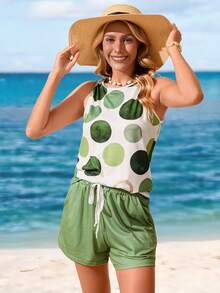 Sylviya Bộ 2 áo thun cổ tròn không tay chấm bi màu tương phản dành cho nữ và áo phông tay ngắn, phù hợp cho mùa hè - Nhiều màu - Xem 3