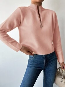 SHEIN Cottnline Women's Solid Color Half Zip Sweater - Coral Pink - View 5