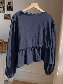 SHEIN Comfortcana 女式秋季简约纯色撞色蕾丝前领带衬衫 - 藏蓝色 - 查看 2