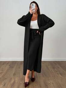 EURMUSE Woman Long Cardigan And Midi Skirt Two Pieces Set Co-Ords - Black - View 4