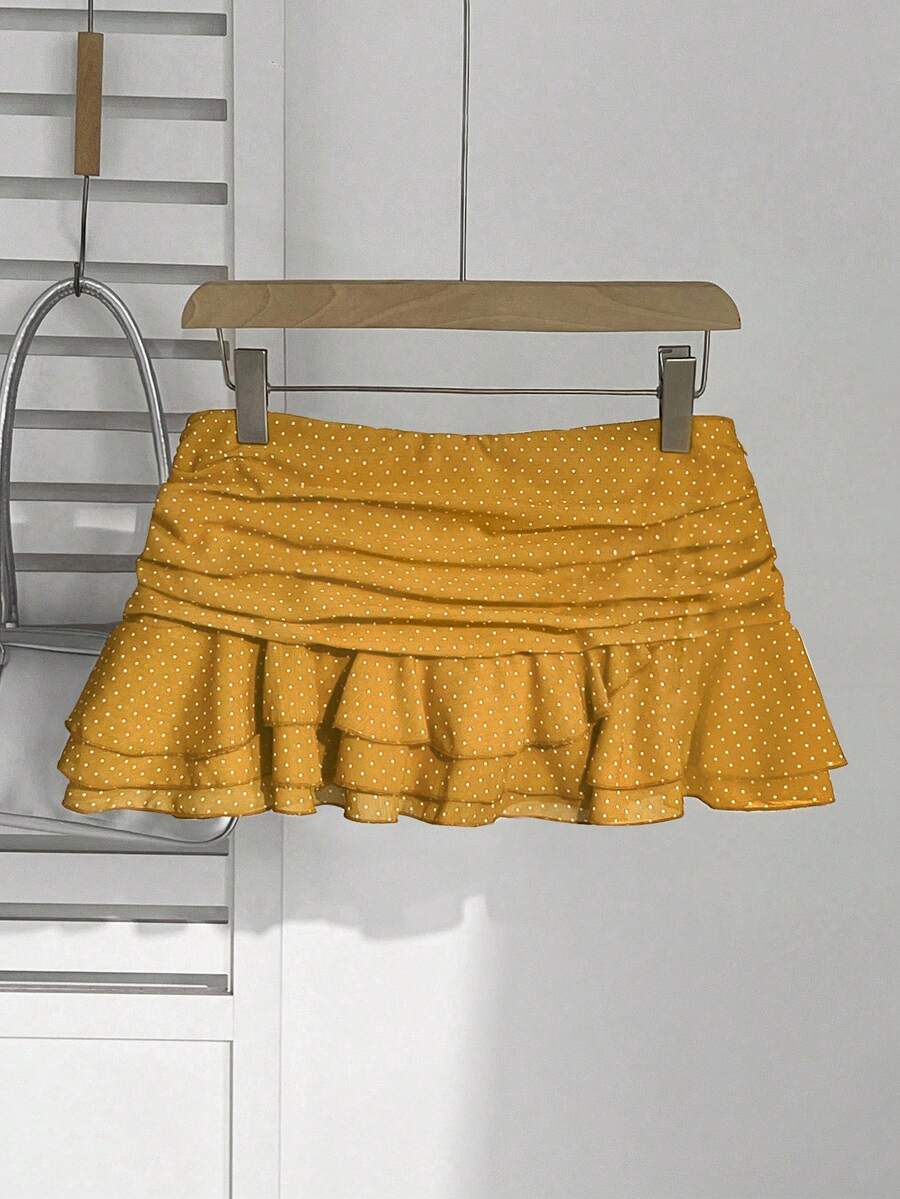 SHEIN Unity Fashionable Pleated Layered Decor Sweet Design Mini Skirt Elegant Ruffled Polka Dot Vacation Style A-Line Skirt - Pale Yellow - View 1