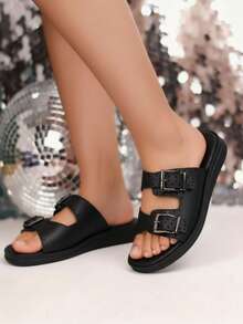 Sandalias mujer plana tiras cruzadas con hebilla doble perforada punta abierta estilo casual verano - Negro - Ver 2