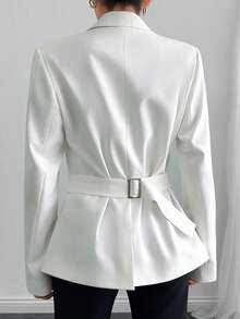 EURMUSE Women's Double-Breasted Belted Blazer Jacket – Tailored Fit, Shoulder Pads, Gold Button, Office Wear, Elegant Formal Suit, Long Sleeve, Structured Power Blazer - White - View 3