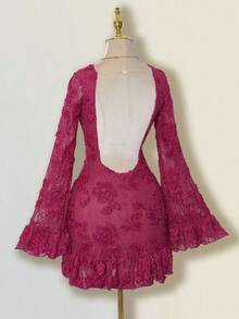 SHEIN ICON Women's Elegant Backless Lace Patchwork Flare Sleeve Ruffle Hem Mini Dress, Solid Cream Color - Hot Pink - View 9
