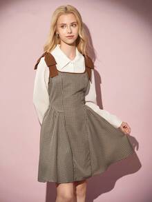 两件套休闲长袖衬衫搭配优雅格纹可拆卸蝴蝶结无袖修身连衣裙，适合青少年女孩，春秋/秋冬皆宜。 - 咖啡棕 - 查看 1