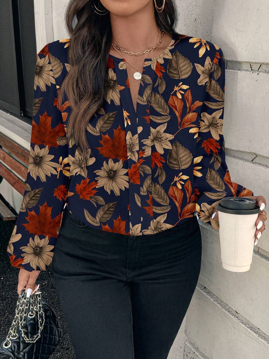 EMERY ROSE Áo sơ mi tay dài in hoa phong cách cổ điển cỡ lớn - Màu xanh hải quân - Xem 1