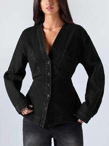 LYSMO Women's Fashion Front Button Waist Denim Blouse - Black - View 1