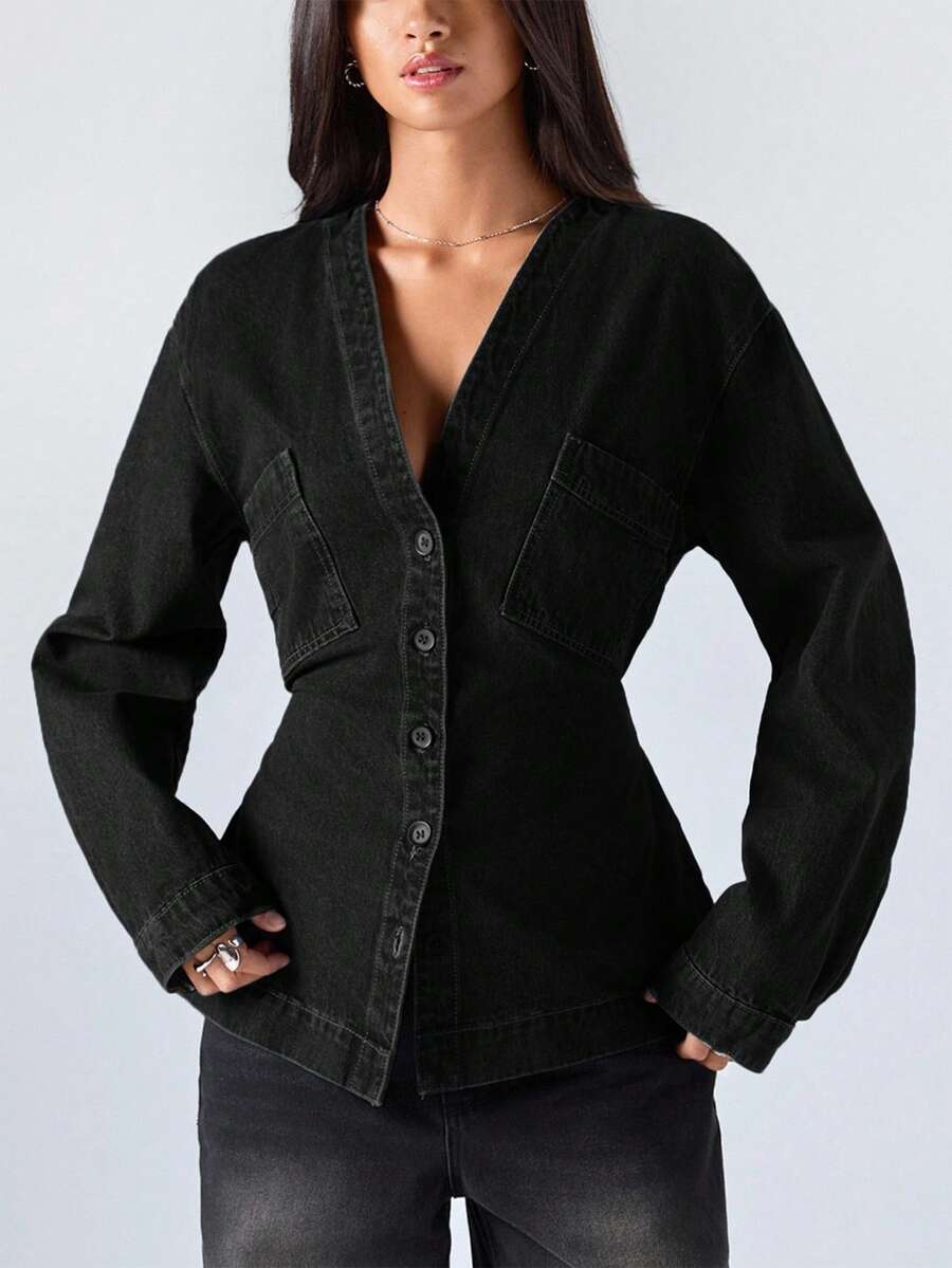 LYSMO Women's Fashion Front Button Waist Denim Blouse - Black - View 1