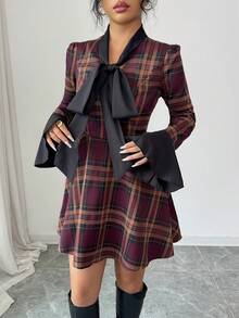 Islaluna Women's Retro Early Autumn Korean Sweet Wine Red Plaid Patchwork Dress With Big Bow Design, Flare Sleeves, Suitable For Dates, Parties, Christmas, Elegant Dress