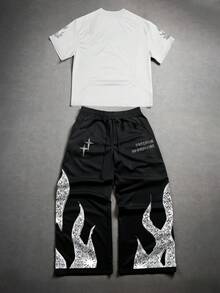 Manfinity EMRG Men's Graphic Print Short Sleeve T-Shirt And Flame Print Drawstring Waist Pants Set - Multicolor - View 5