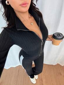 Islaluna New Casual And Fashionable Women's Suit, Versatile Everyday Outfit, Black Top And Black Pants Two-Piece Set, Black Jacket And Black Pants Two-Piece Set, Women's Spring And Autumn Outerwear, Women's Two-Piece Casual Suit, Black And Gray Contrasting Suit With Zipper Top And Elastic Waist Pants Set.