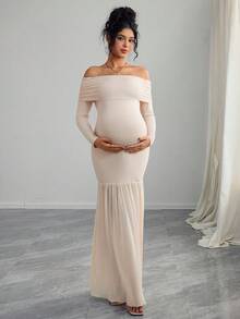 Momance Maternity Off Shoulder Long Sleeve Fitted Dress With Thigh-High Slit And Mesh Panels - Apricot - View 5