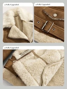 Anewsta Áo khoác ngắn tay dài cổ ve lật dành cho nữ, áo khoác đi xe máy thường ngày, mùa thu/đông - Màu Khaki - Xem 5