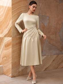 Modelyn Apricot Color High-End French Style Pleated Cinched Waist Elegant Long Sleeve Dress - Apricot - View 6